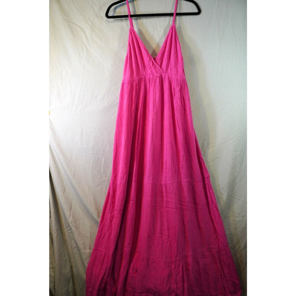 FRNCH Paris Clemy Tiered Maxi Dress Fuchsia Hot Pink V-Neck Empire Waist Lrg NWT